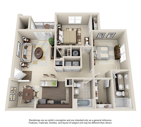 Floor plan for 2 beds, 2 baths, 1052 sqft